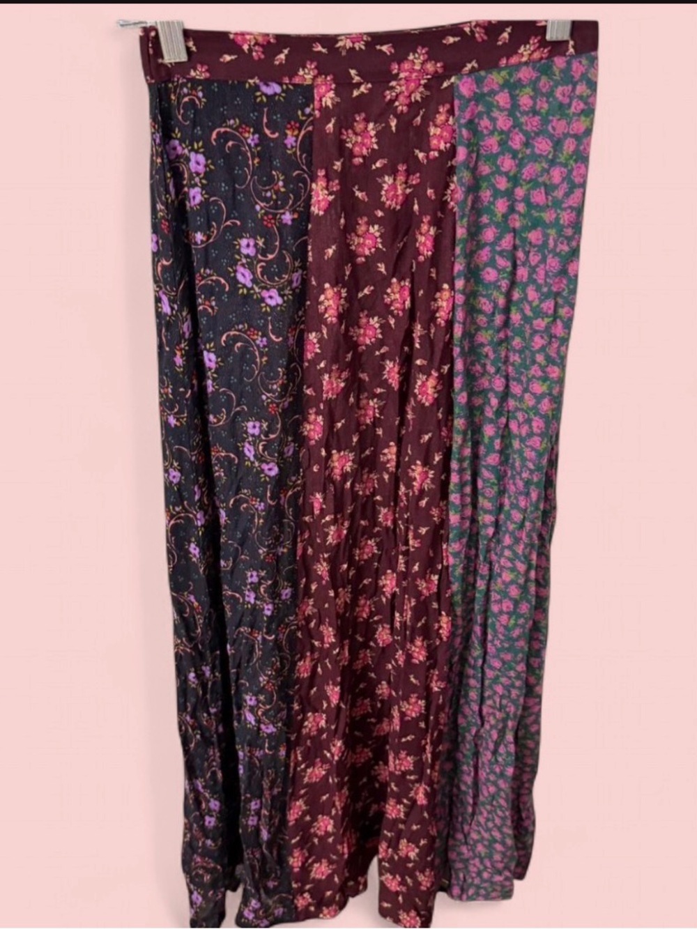 NATURAL LIFE Patchwork Floral Maxi Skirt in Burgundy, Teal, Black